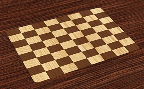 Ambesonne Checkered Place Mats Set of 4, Empty Checkerboard Wooden Seem Mosaic Texture Image Chess Game Hobby Theme, Washable Fabric Placemats for Dining Table, Standard Size, Pale Brown