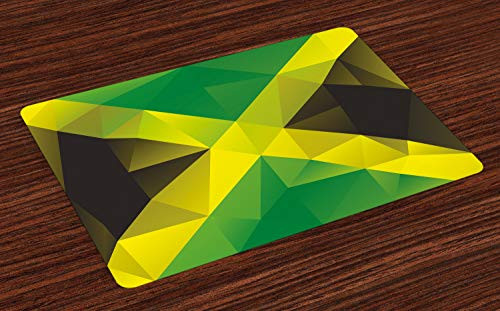 Ambesonne Jamaican Place Mats Set of 4, Triangular Polygon Design Abstract Flag Geometric National, Washable Fabric Placemats for Dining Table, Standard Size, Yellow Green