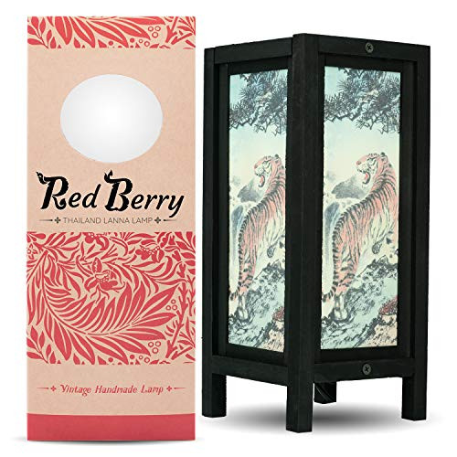 Thai Vintage Handmade Asian Oriental Thai Royal Bengal Tiger Bedside Table Light or Floor Wood Paper Lamp Shades Home Bedroom Garden Decor Modern (Bengal Tiger YF4)