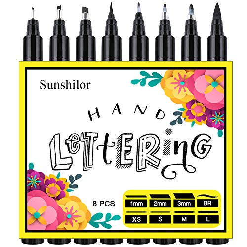 Hand Lettering Pens, Brush Pens Black Calligraphy Pens for Beginners Writing, Drawings, Sketching, Water Color Illustrations, Bullet Journaling, Scrapbooking, Set of 8