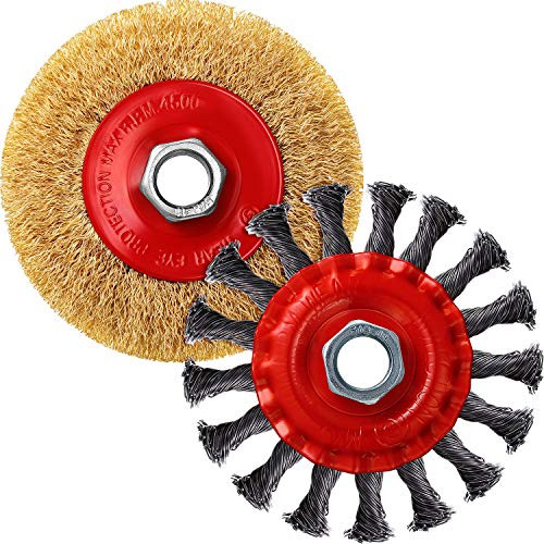 2 Pieces Wire Wheels Brush 4 Inch Knot Wire Wheel and Coarse Crimped Wheel Brush Set with 5/8-11 Threaded Arbor for Removing Rust Corrosion Paint