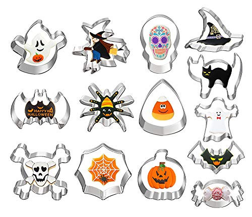 Halloween Cookie Cutters, Ouddy 14 Pcs Holiday Cookie Cutters for Baking - Pumpkin, Ghost, Bat, Spider, Candy, Cat, Witch, Spider Web, Skull Head, Witch Hat, Mummy, Spider