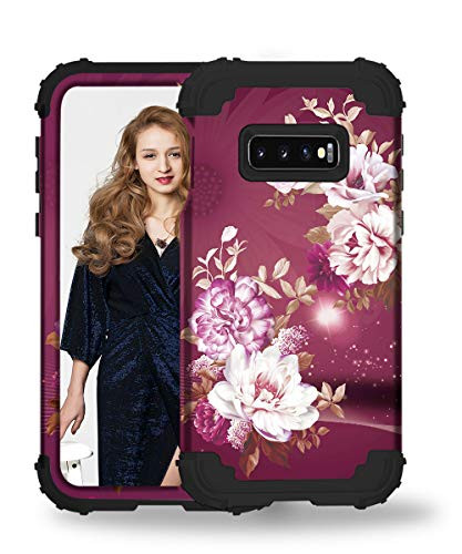 Hocase Galaxy S10e SM-G970 Case, Heavy Duty Shockproof Protection Hard Plastic+Soft Silicone Rubber Bumper Protective Case for Samsung Galaxy S10e (2019) with 5.8-inch Display - Burgundy Flowers