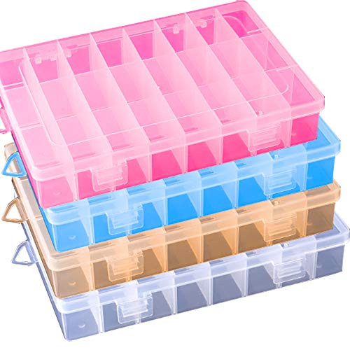 STONCEL Bead Plastic Organizer Container Storage Box, 4PCS Plastic Jewelry Box Organizer, with Movable Divider Removable Adjustable Compartment Grid (Large 24 grids)