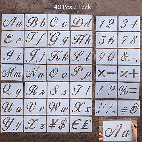 80 Designs - Letter Stencils for Painting on Wood - Alphabet with Calligraphy Font Upper and Lowercase Letters - Reusable Holiday Plastic Art Craft Stencils with Numbers and Signs - 40 Pcs (Letter 1)