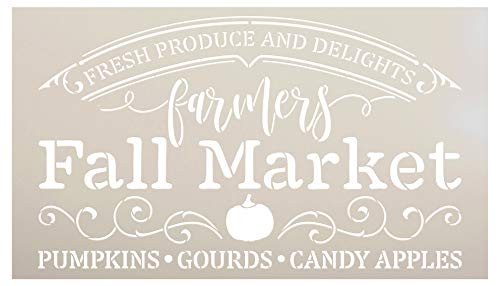 Farmers Fall Market Stencil by StudioR12 | DIY Autumn Farmhouse Home Decor | Craft & Paint Wood Sign Reusable Mylar Template | Pumpkin Apple Cursive Script Gift Select Size (15.75 inches x 9 inches)