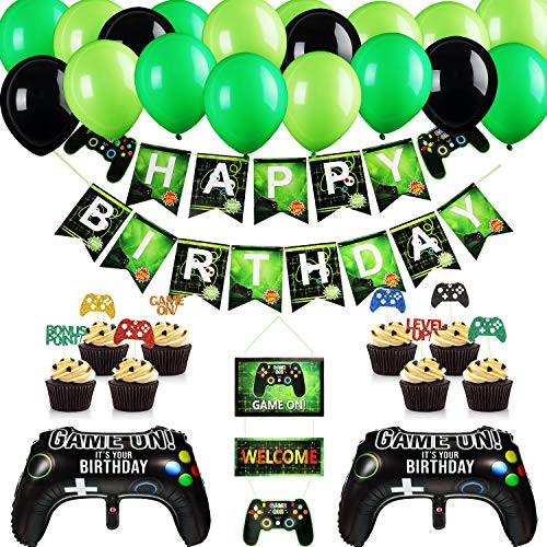 42 Pieces Video Game Party Supplies, Include Happy Birthday Gaming Banner Game On Welcome Hanging Decor 32 Pieces Video Game Party Balloons 8 Pieces Video Game Cupcake Toppers for Party Favors