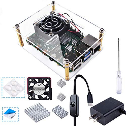Smraza Raspberry Pi 4 Case, Acrylic Case with Cooling Fan, Heatsinks Compatible with Raspberry Pi 4 Model B, Raspberry pi 3 B+/ 3B/ 2B Clear (Big Fan(35mm) with Power Supply)