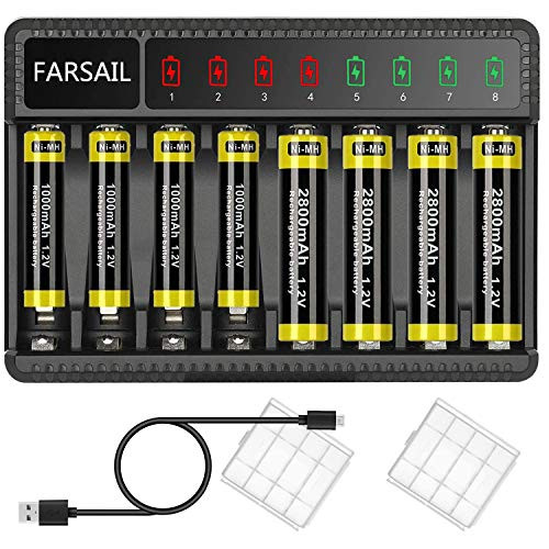 FARSAIL 4-Pack NiMH AA Rechargeable Batteries 2800mAh + 4-Pack AAA Rechargeable Batteries 1000mAh Pre-Charged with 8 Port AA & AAA USB Rechargable Battery Charger