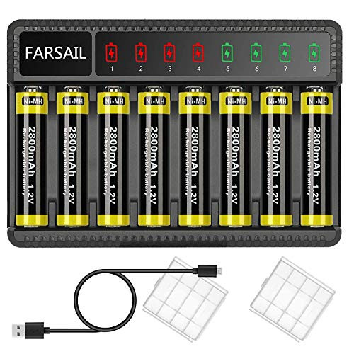 AA Rechargeable Batteries, FARSAIL 1.2V NiMH AA Batteries 2800mAh 8-Pack Pre-Charged and Ni-MH AA & AAA Battery Charger with USB Port Set