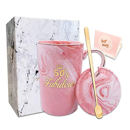 50 and Fabulous Coffee Mugs, TrioGor Novelty Mugs for 50th Birthday Gifts Women 50th Anniversaries Gifts Ceramic Marble Cups for Her Wife Mom Grandma Sister Boss Friend BFF 14oz Mugs for Women