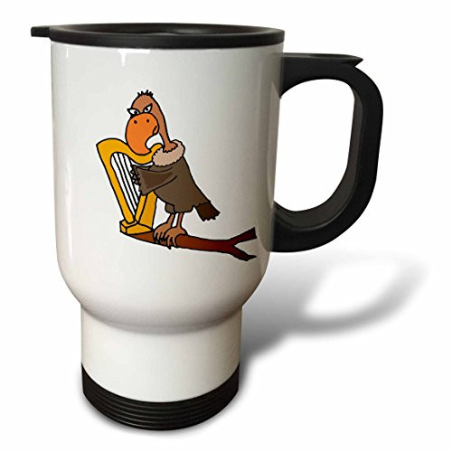 3dRose Funny Buzzard Playing Harp Travel Mug, 14 oz, Stainless Steel, White