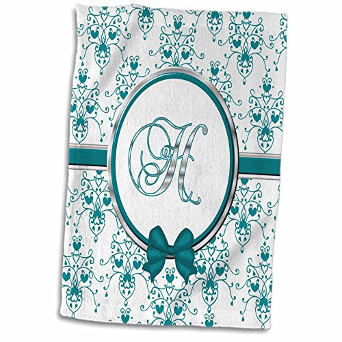 3D Rose Elegant Green and Silver Heart Damask Monogram Letter H Towel, 15" x 22", Multicolor