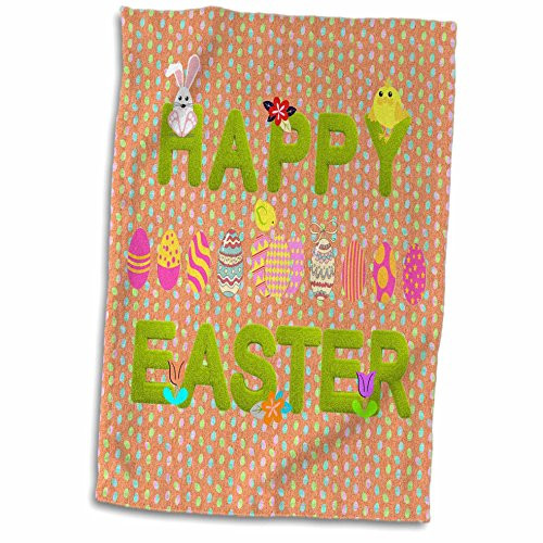 3D Rose Happy Easter Grass Words-Bunnies-Eggs-Chicks Flowers-Coral Hand Towel, 15" x 22"