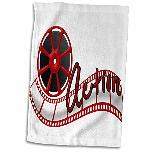 3D Rose Cinema Movie Reel and The Word Action in Red and White Hand Towel, 15" x 22"