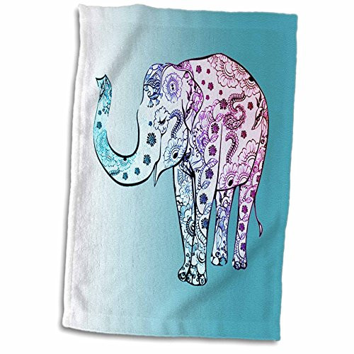 3D Rose Image of Fun Floral Elephant On Graduated Turquoise Hand Towel, 15" x 22", Multicolor 3D Rose Image of Fun Floral Elephant On Graduated Turquoise Hand Towel, 15" x 22", Multicolor