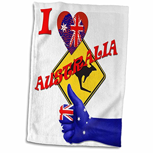 3D Rose I Love Australia. Australian Flag. Kangaroo Hand Towel, 15" x 22"