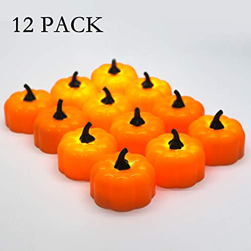 Halloween 12 Pack LED Pumpkin Lights, Jack-O'-Lantern, Small Orange Flickering Tea Lights, for Halloween Decorations
