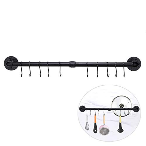 Sumnacon 29.5 Inch Industrial Pipe Pan Pot Rack with 10 S-Hooks, Rustic Iron Rail Kitchen Utensil Pot Pan Lid Organizer with Hardwares, Wall Mounted Metal Cookware Holder, Black