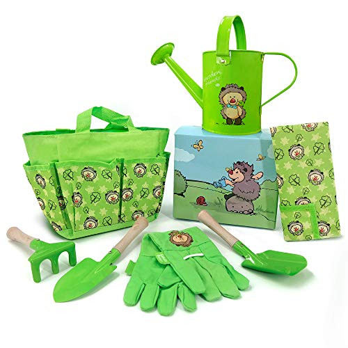 Jardineer Kids Gardening Set, Garden Tools for Kids with Tote Bag, Shovel, Rake, Trowel, Watering Can, Aprons and Gardening Gloves