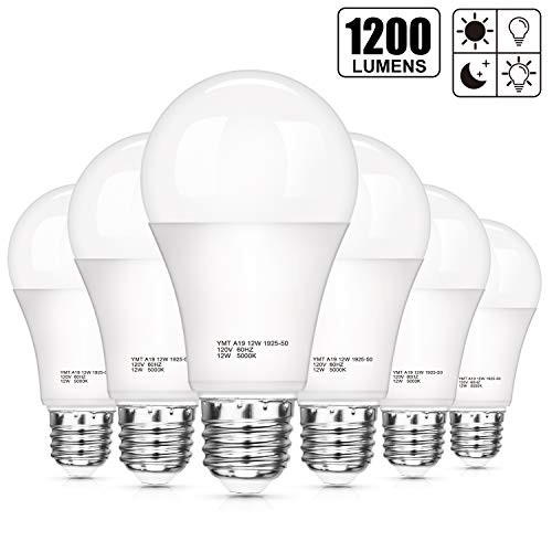 Dusk to Dawn Light Bulb, 12W(100Watt Equivalent) A19 Photocell Sensor Lights Bulbs, LED Automatic On/Off, 1200 Lumens, 5000K Daylight White for Outdoor Porch Patio Garage Yard Garden, 6 Pack