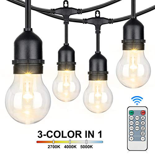 3-Color in 1 Outdoor LED String Lights with Remotes, 48FT Dimmable LED Edison String Light Waterproof, Warm White Daylight White Shatterproof Patio Light String for Café Bistro Pergola Backyard Garden