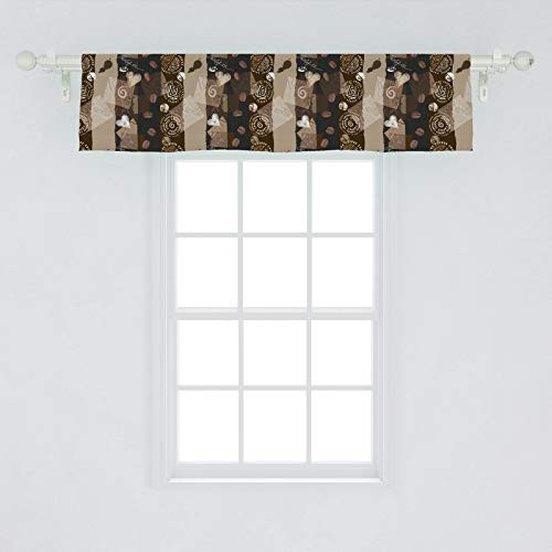 Ambesonne Brown Window Valance, Coffee Typography Hearts and Beans on Abstract Striped Grungy Backdrop in Brown Tones, Curtain Valance for Kitchen Bedroom Decor with Rod Pocket, 54" X 12", Brown