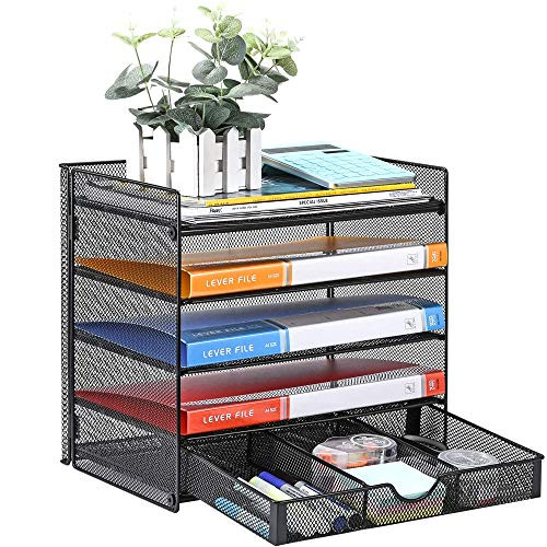 Veesun Paper Letter Tray Organizer, Mesh Desk File Organizer with a Sliding Drawer and 4 Tier Shelf Sorter,Black