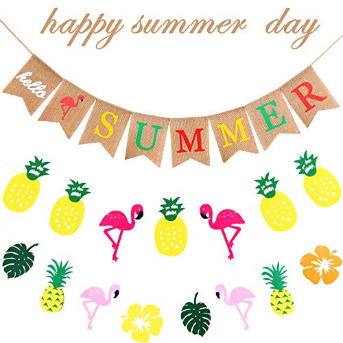 WILLBOND 3 Pieces Summer Banner Decoration Set, Include Hello Summer Banner, Pineapple Flamingo and Flower Design Garland Banner for Hawaiian Luau Beach Birthday Wedding Party