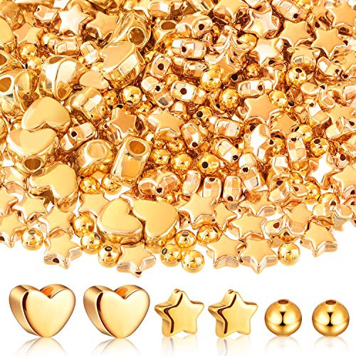 150 Pieces Assorted Gold Plated Spacer Beads Star Shape Gold Beads Heart Shape Spacer Beads Golden Round Spacer Beads Jewelry Charm Loose Beads for DIY Jewelry Crafts Making