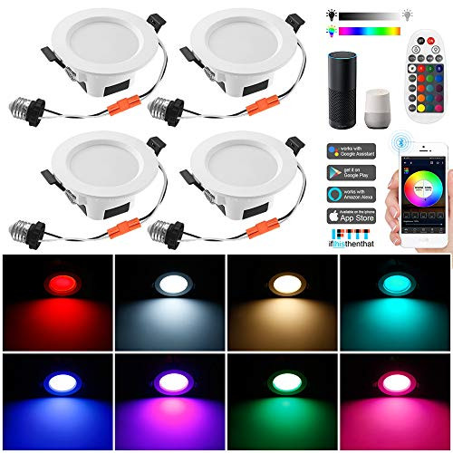 Smart Led Downlight Kit, FVTLED 4pcs Wireless Bluetooth 5W Dimmable Recessed Spot RGBWC Multicolor Color 5 in 1 Ceiling Spotlight with Remote Control