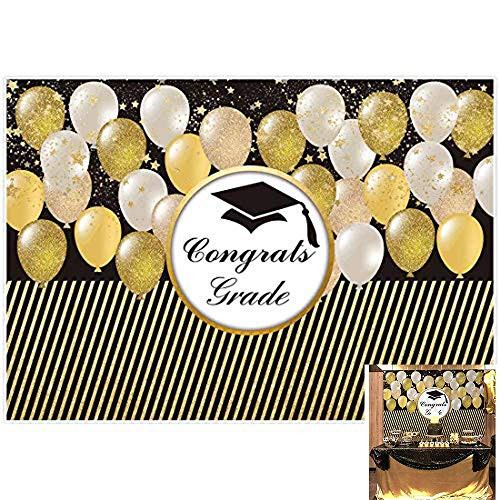 Allenjoy Congrats Grad Class of 2020 Golden Backdrop Congratulate Black Graduation Cap Gold Balloons Celebration Prom Party Photography Background 7x5ft Banner Decoration Photo Booth Studio Props