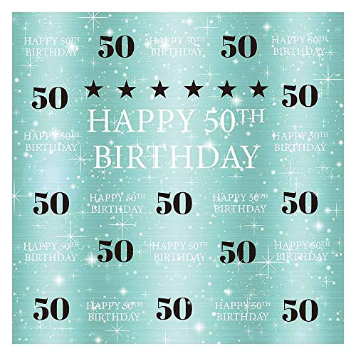 Funnytree Turquoise Golden 50th Birthday Photography Backdrop Lady Woman Step Repeat Gold Glitter Shiny Background Fifty Years Old Age Party Decorations Portrait Photo Banner Photobooth Props 6x6ft