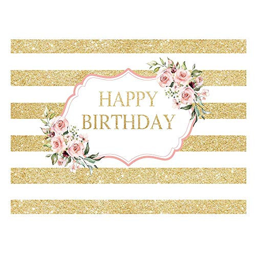 Allenjoy Pink Rose Golden Happy Birthday Backdrop Gold White Stripes Women 20th 30th 40th 50th Bday Party Decoration Girls Sweet 16 Cake Table Banner Vinyl 8x6ft Photo Booth Background