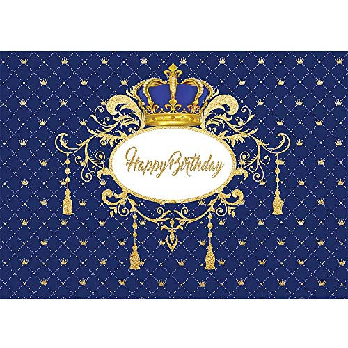 Allenjoy Royal Blue and Gold Happy Birthday Photo Backdrop Kids Boy 1st Bday Party Cake Table Wall Decoration Banner Crown Celebration Little Prince Photo Booth Background 7x5ft Photoshoot Props