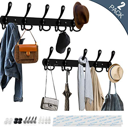 Coat Rack Wall Mount Hooks,ANEDER Hat Rack Metal Coat Hook Rail Heavy Duty Wall Rack with 5 Tri Hooks for Coat Hat Towel Purse Robes (Black, 2 Packs)