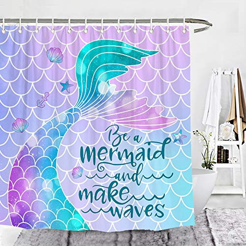Wencal Mermaid Tail Shower Curtain Girls Bathroom Decor with Hooks Waterproof - 72 x 72 Inches
