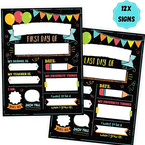 12x Beautiful First and Last Day of School Board Signs - Reversible 12" x 9" Back to School Cards for Kindergarten and School Graduation - The Perfect Photo Prop Chalkboard Signs for Lasting Memories