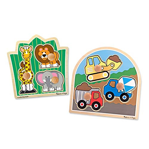 Melissa & Doug Jumbo Knob Wooden Puzzles Set - Construction and Safari
