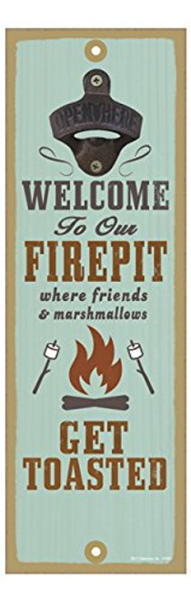 SJT ENTERPRISES, INC. Welcome to Our firepit Where Friends and Marshmallows get Toasted (Firepit with Roasting Sticks Image) 5" x 15" Bottle Opener Plaque Sign (SJT07450)