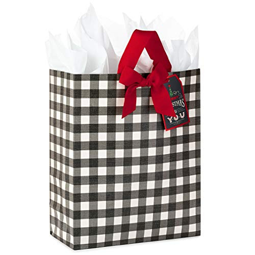Hallmark 15" Extra Large Christmas Gift Bag with Tissue Paper (Black Buffalo Plaid with Red Bow)
