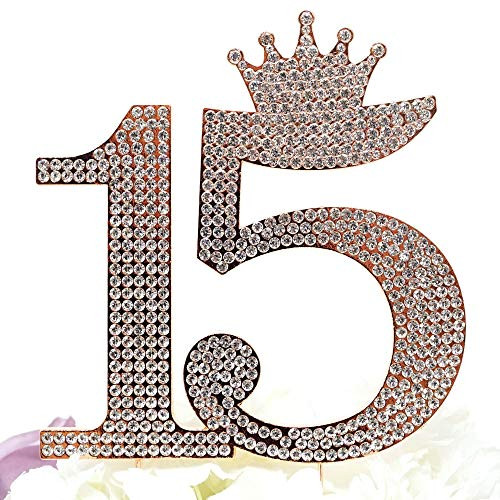 Number 15 Quinceanera Rhinestone Princess Crown Monogram Cake Topper - Sweet 15th Birthday Party (Rose Gold)