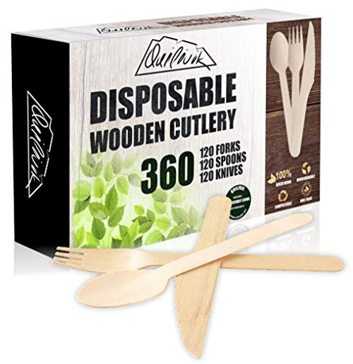 QUILIVIK Disposable Wooden Cutlery Set | Compostable/Biodegradable Cutlery Set| Birch Wooden Forks, Spoons, Knives Set | Plastic Cutlery Alternative (360 Count -120 Spoons/ 120 Forks/ 120 Knives)