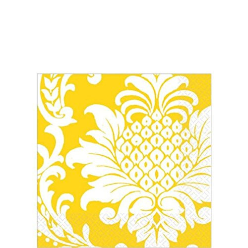 amscan Decorative Damask Party Beverage Paper Napkins (16 Pack), 5 x 5, Yellow