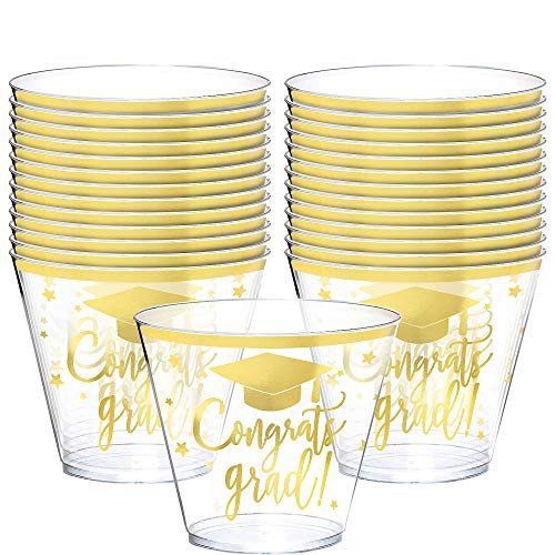 Amscan Congrats Grad Party Plastic Tumbler Hot Stamped Cup, Clear and Gold, 9 oz