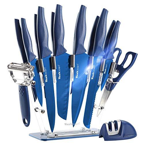 Wanbasion 13 Pieces Kitchen Knife Set Dishwasher Safe, Professional Chef Kitchen Knife Set, Kitchen Knife Set Stainless Steel with Knife Sharpener Peeler Scissors Acrylic Block