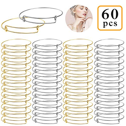 UPINS 60Pcs Expandable Bangle Bracelets DIY Jewelry Making Blank Bracelets Women Adjustable Wire Bracelets, Silver & Gold