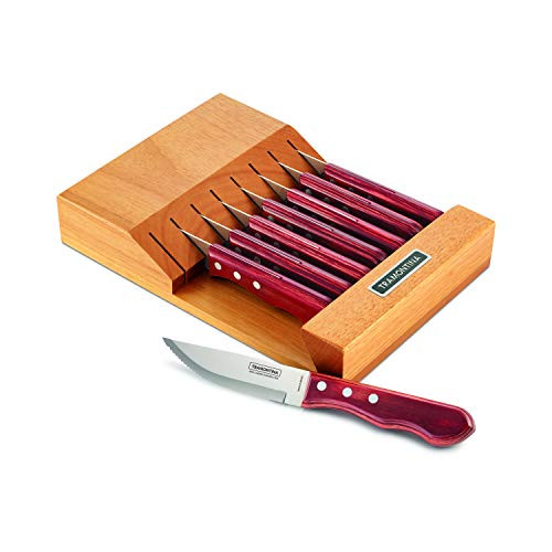 Tramontina 80000/003DS Porterhouse Stainless Steel 9-Piece Steak Knife Set with Multi-Purpose Hardwood Block, Pointed Tip, Polywood Jumbo Handle, Made in Brazil