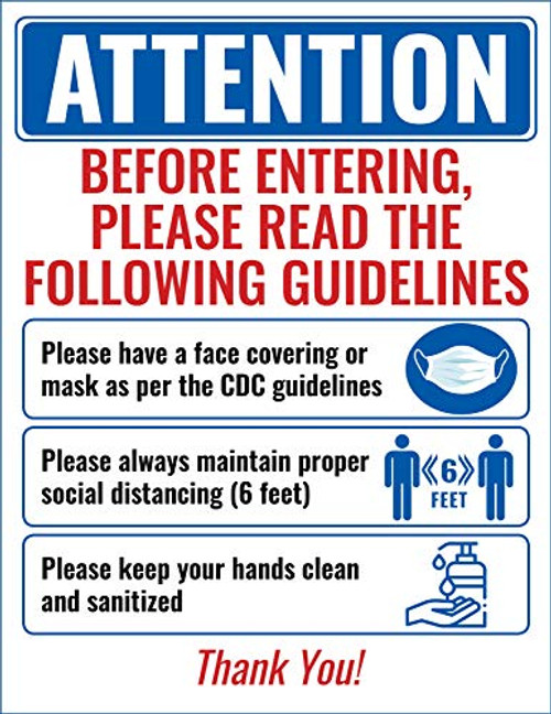 Attention - Before Entering Please Read The Following Guidelines Sign Poster - Face Mask CDC Guidelines Social Distancing Clean Hands - 10 Pack of Signs