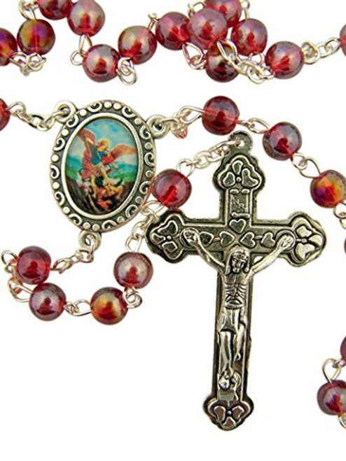 DTC Red Glass Prayer Bead Saint Michael Rosary with Heart Detailed Crucifix, 14 Inch DTC Red Glass Prayer Bead Saint Michael Rosary with Heart Detailed Crucifix, 14 Inch